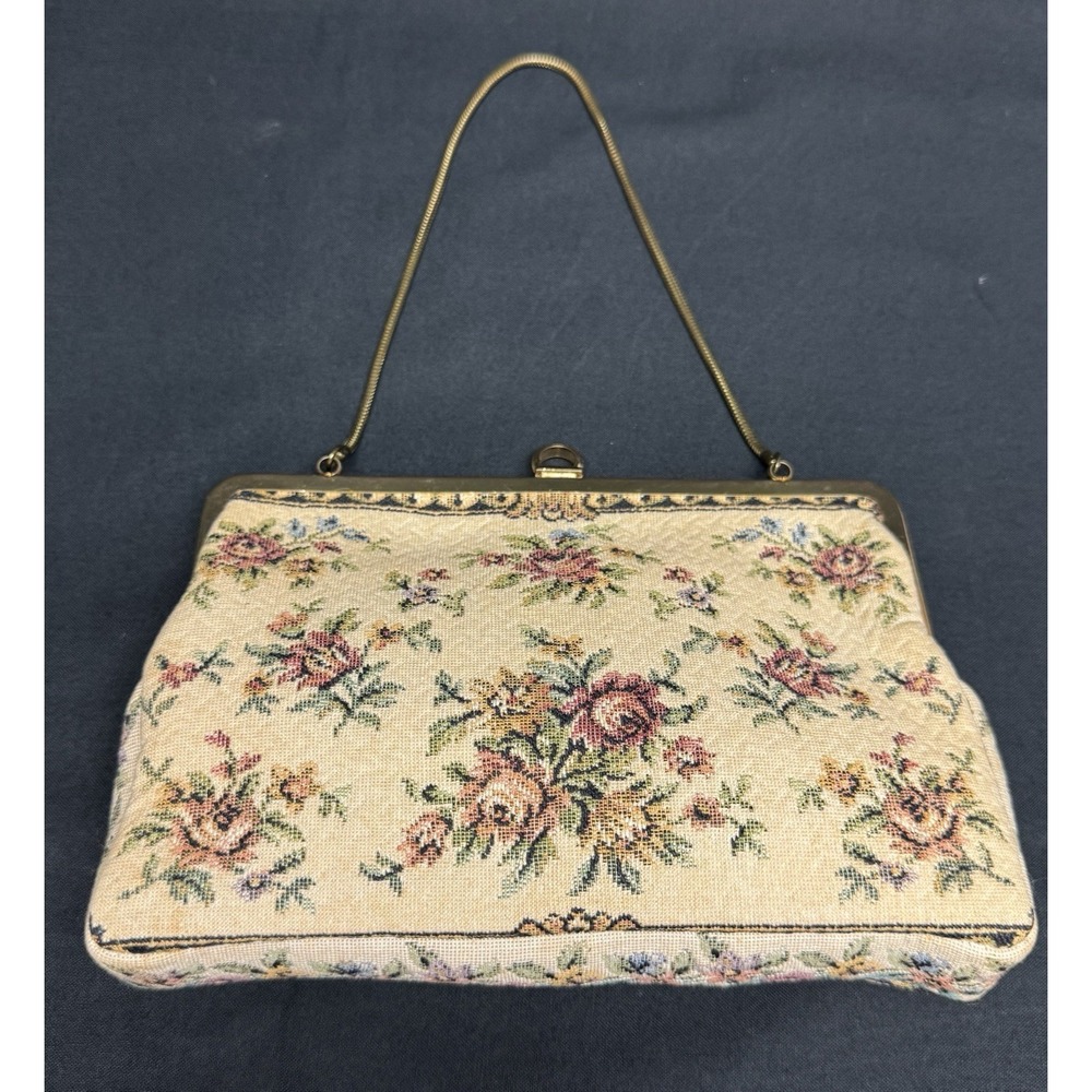 Vintage West German Beige Petit Point Evening Bag Purse Floral Tapestry Walborg